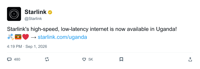 A Starlink post rendered with color emoji: a satellite, the Uganda flag, and a red heart after the text