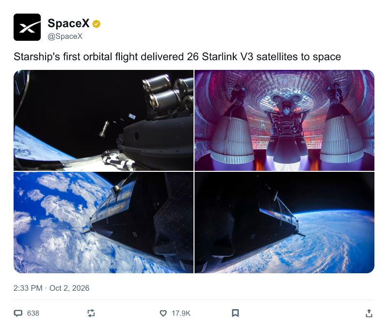 Detail view: the SpaceX post as x.com shows it when opened, light theme, four photos, time and date, and the action bar