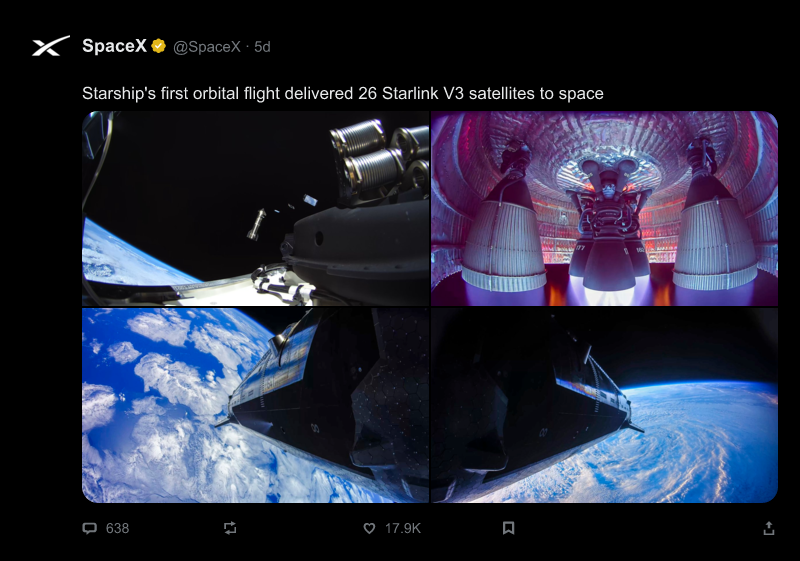Timeline view in the dark theme: the SpaceX post as a home-feed row with relative time and icon counts